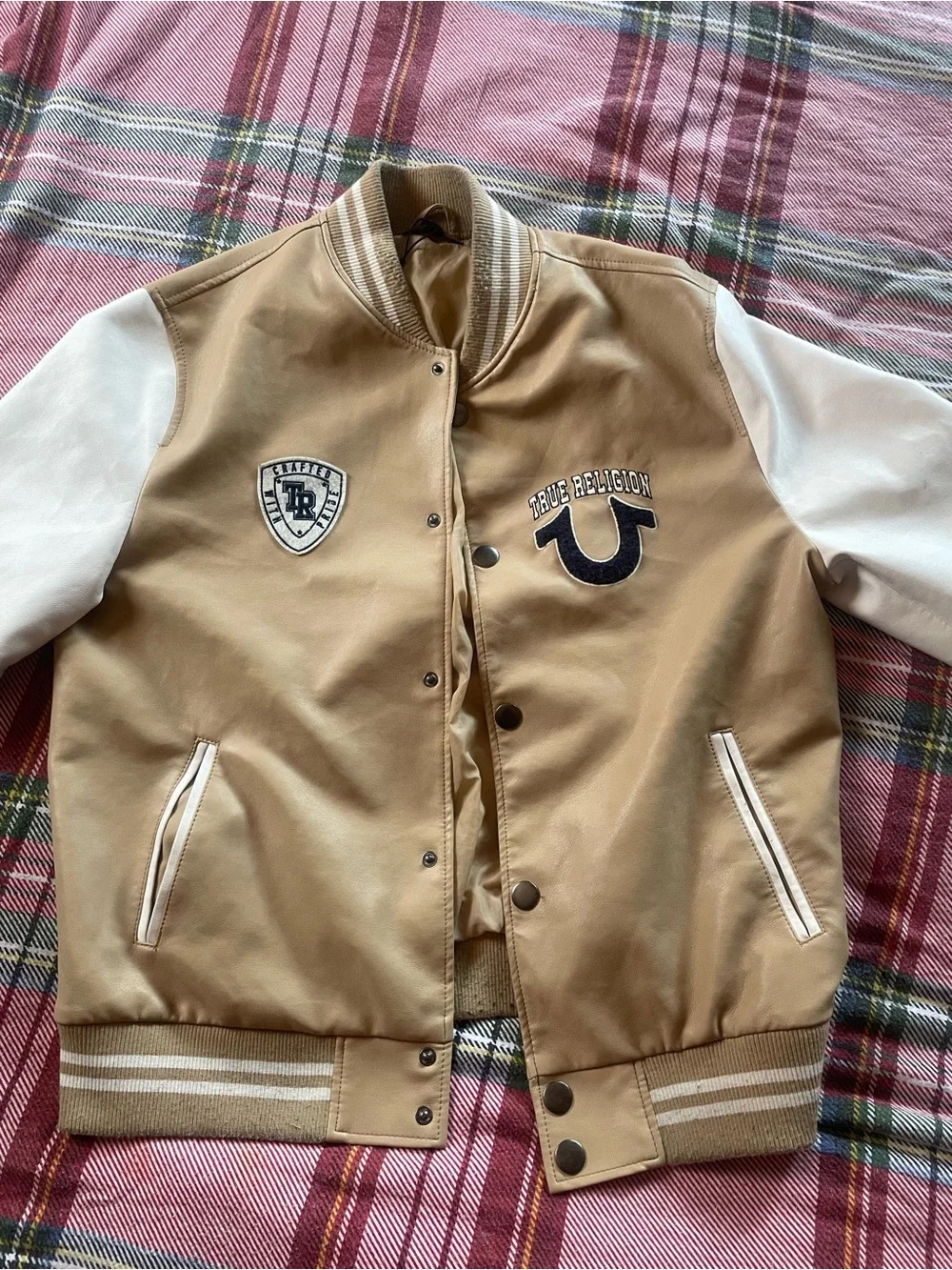True Religion Tan and White Varsity Jacket